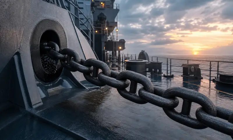 Stud-link anchor chain running through a ship hawsepipe