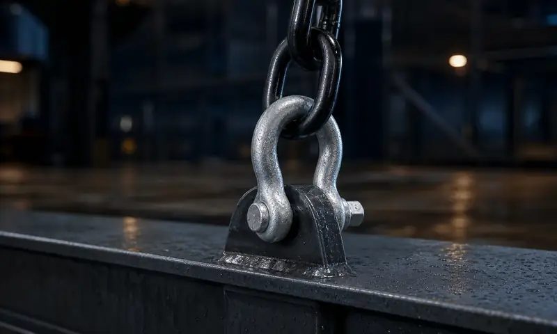 Bow shackle and master link connected to a steel working point