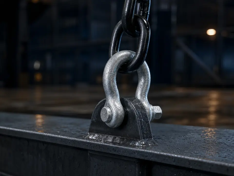 Single bow shackle connecting a master link to a steel working point