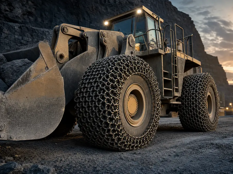 Tire-protection chain fitted to a quarry wheel loader