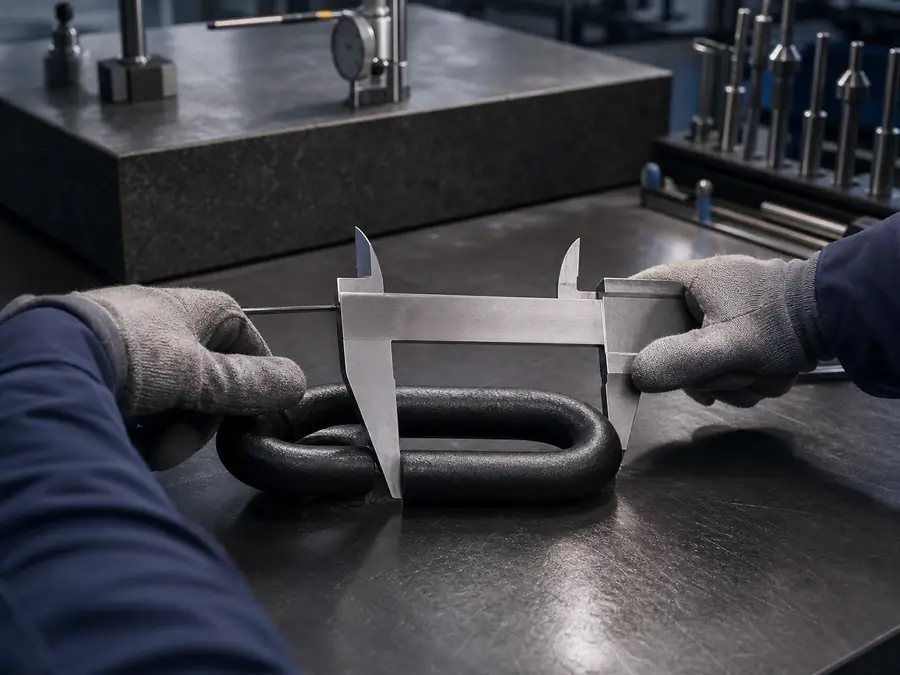Gloved technician carrying out dimensional inspection on a chain link