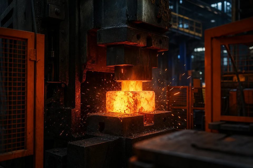 Heated steel billet under a controlled forging press