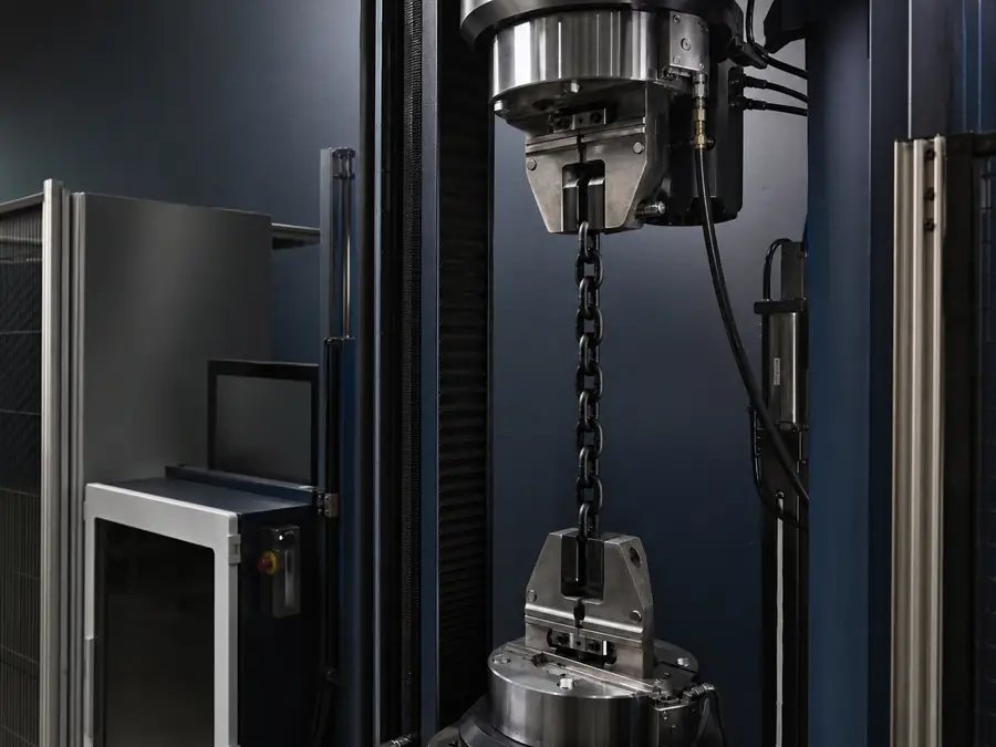 Industrial chain held in a proof-load testing rig