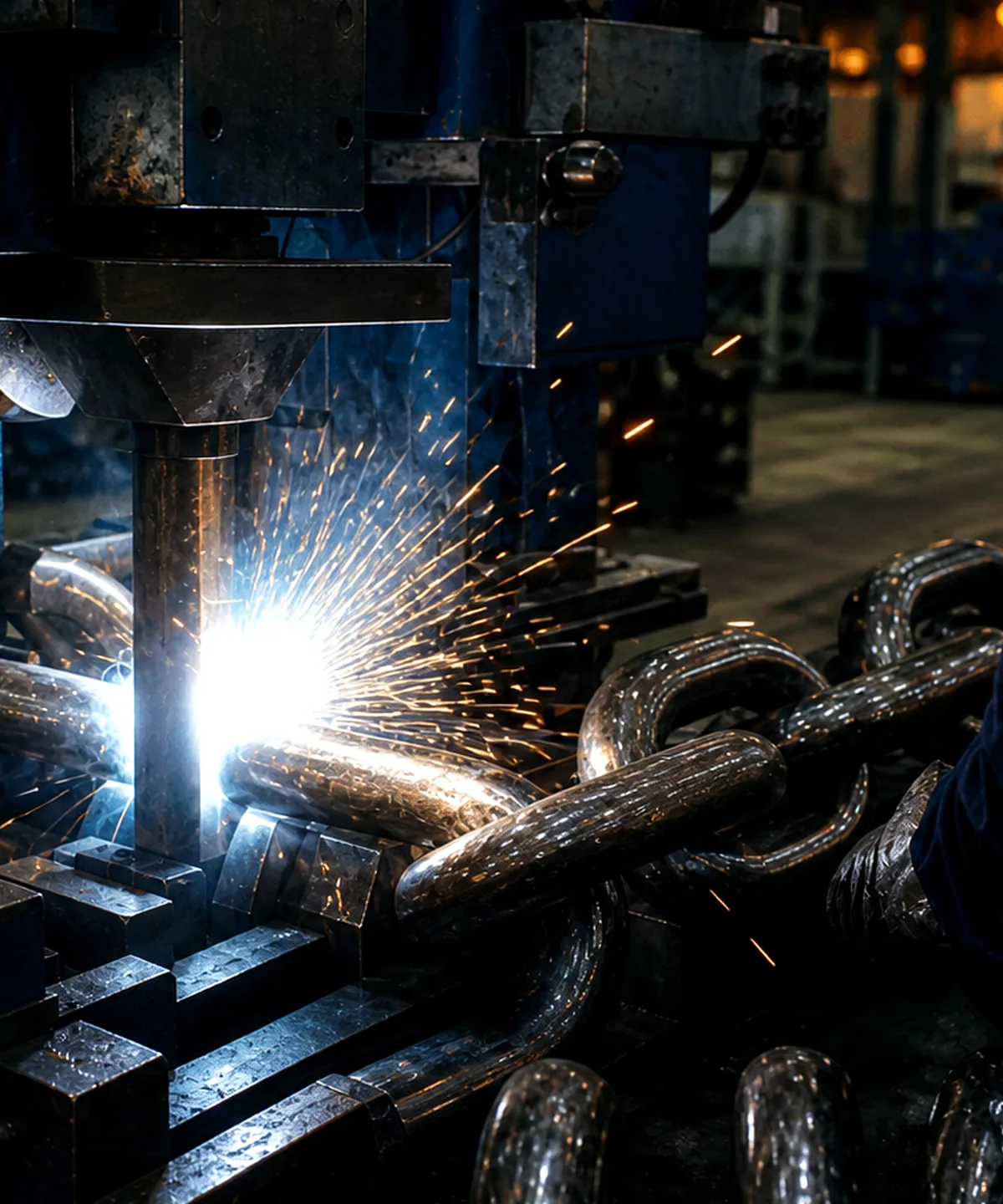 Flash butt welding of heavy steel chain links in a manufacturing workshop