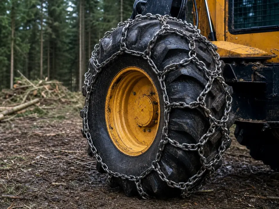 Forestry skidder tire fitted with traction chains