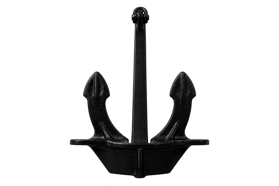 JIS stockless ship anchor on a white studio background