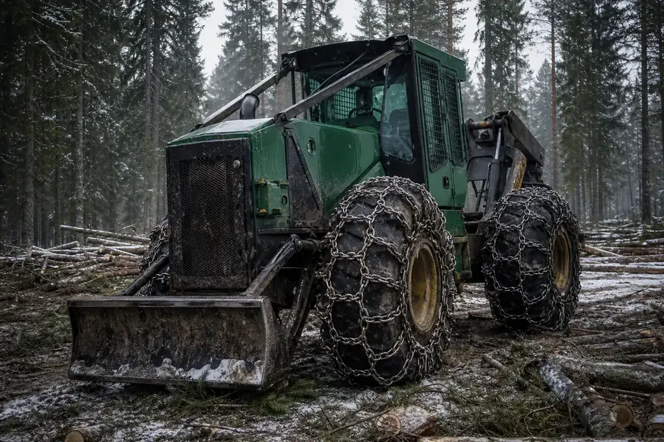 Forestry skidder tire fitted with traction chains