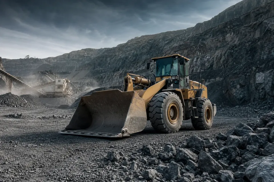 Mining loader operating in a rocky quarry yard