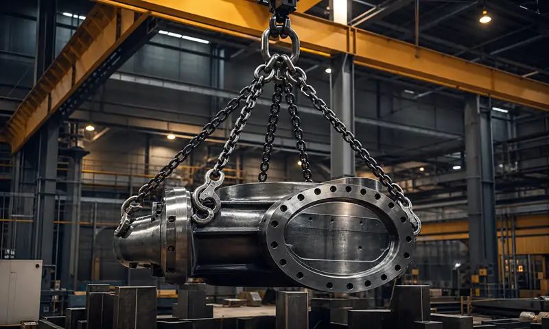 Round-link chain sling lifting a machined industrial component