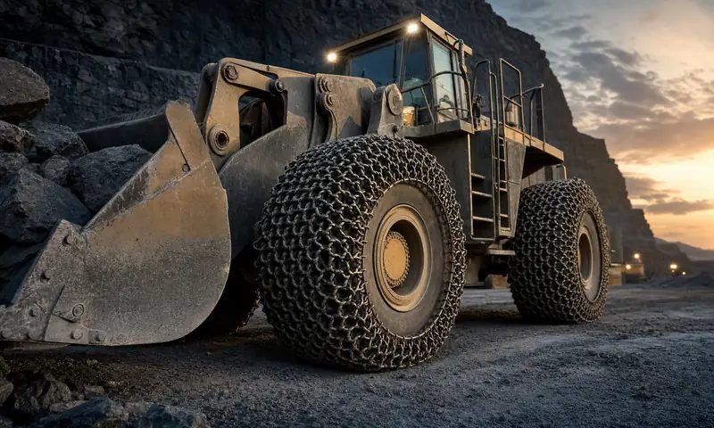 Tire-protection chain covering a quarry wheel-loader tire