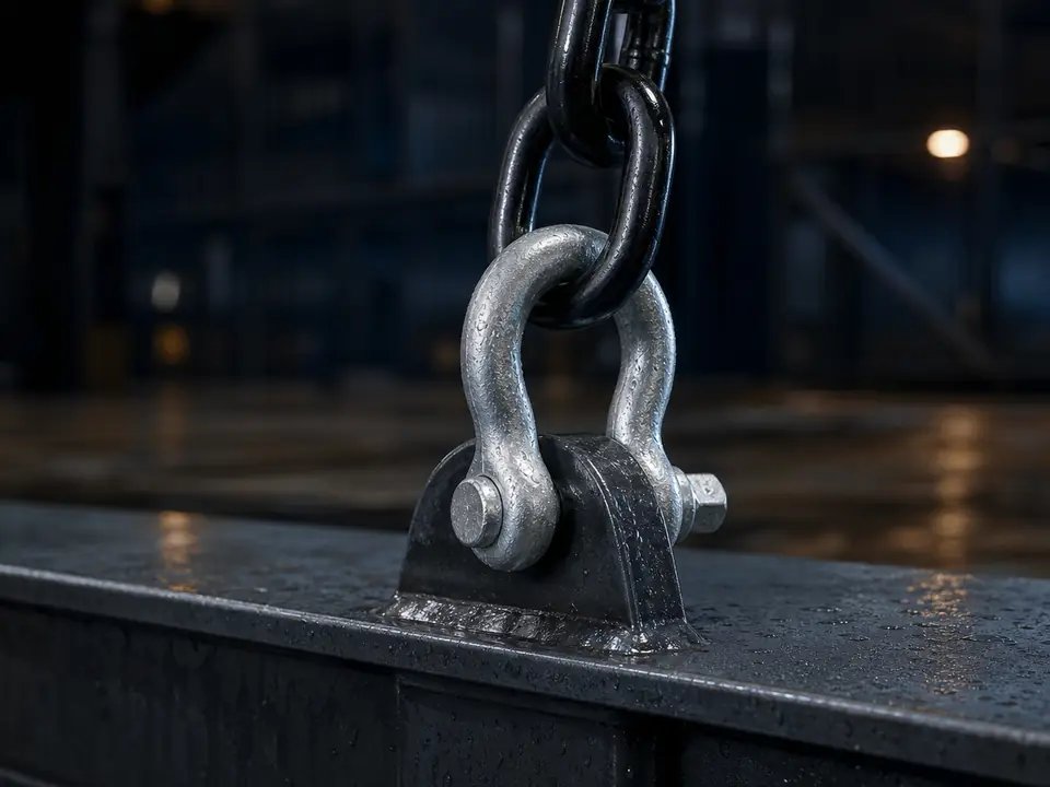 Single bow shackle connecting a master link to a steel working point