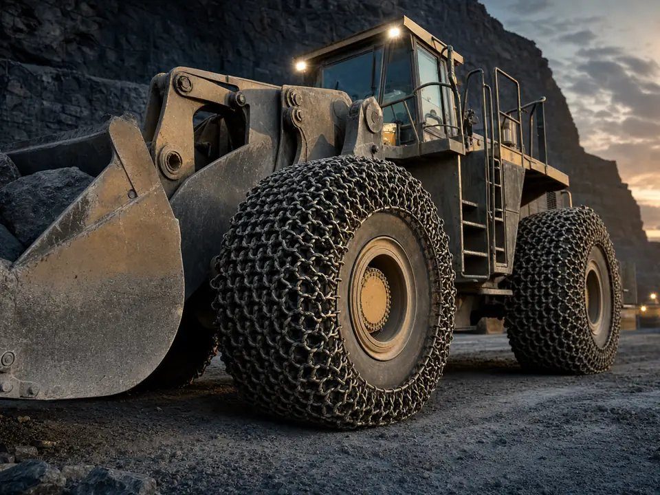 Tire-protection chain fitted to a quarry wheel loader